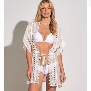 Elan Vivi White Lace Kimono Swim Cover-Up Small
